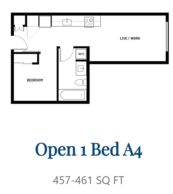 Floor plan for 1 bed, 1 bath, 457 sqft
